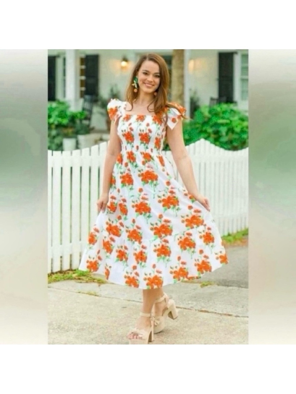 Victoria Dunn cotton flutter sleeves tiered cottage floral midi dress